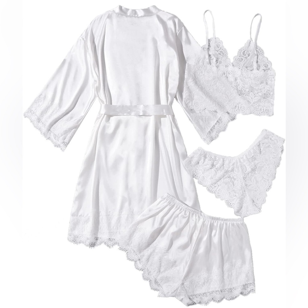 Women' White Silk Satin Pajamas Set 4pcs Lingerie with Robe - Picture 2 of 7